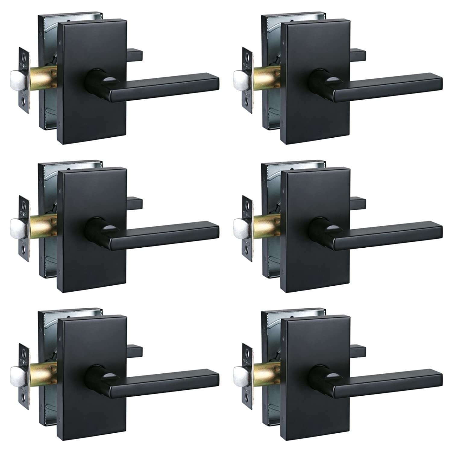 HISAFE Heavy Duty Passage Door Lever - Left or Right Handing, Matte Black Non-Locking Door Handle for Hallway, Closet & Interior Doors - 6 Pack - Perfect for Home, Office & Commercial Spaces