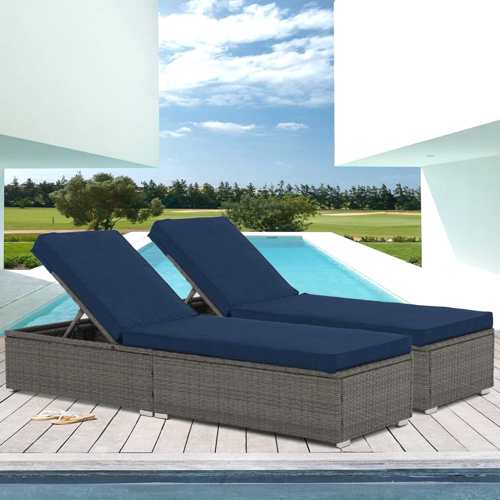 Verano Garden Outdoor Chaise Lounge Patio Pool Lounge Chairs - 2-Pack Wicker Rattan Reclining Folding Loungers with Adjustable Backrest & Removable Dark Blue Cushions - Perfect for Poolside, Beach, Backyard & Patio Relaxation