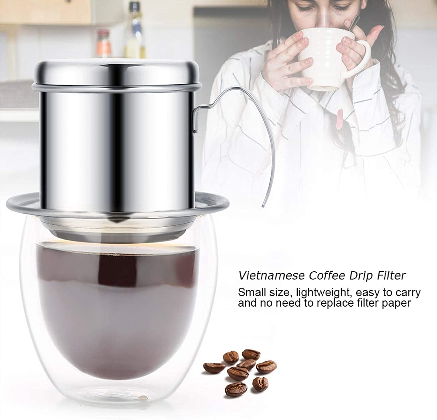 Premium Vietnamese Coffee Drip Filter - Stainless Steel Phin Coffee Maker Pot, Single Serve Manual Pour Over Dripper for Rich & Bold Brew - Perfect for Home, Office & Camping (Silver)