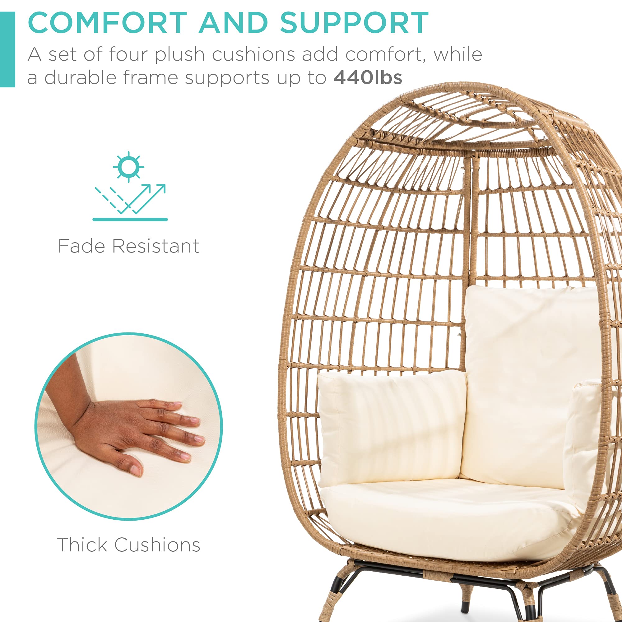 Best Choice Products Oversized Wicker Egg Chair - Indoor/Outdoor Hanging Lounger with 4 Cushions & Steel Frame (440lb Capacity, Ivory) - Perfect for Patio, Backyard, Living Room & Relaxation Spaces