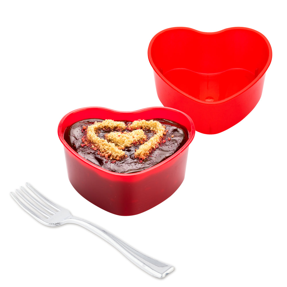 100 Pack 5 oz Red Plastic Mini Heart Cups & 100 Silver Plastic Mini Forks - Perfect for Valentine's Day Parties, Weddings, Baby Showers & Romantic Events