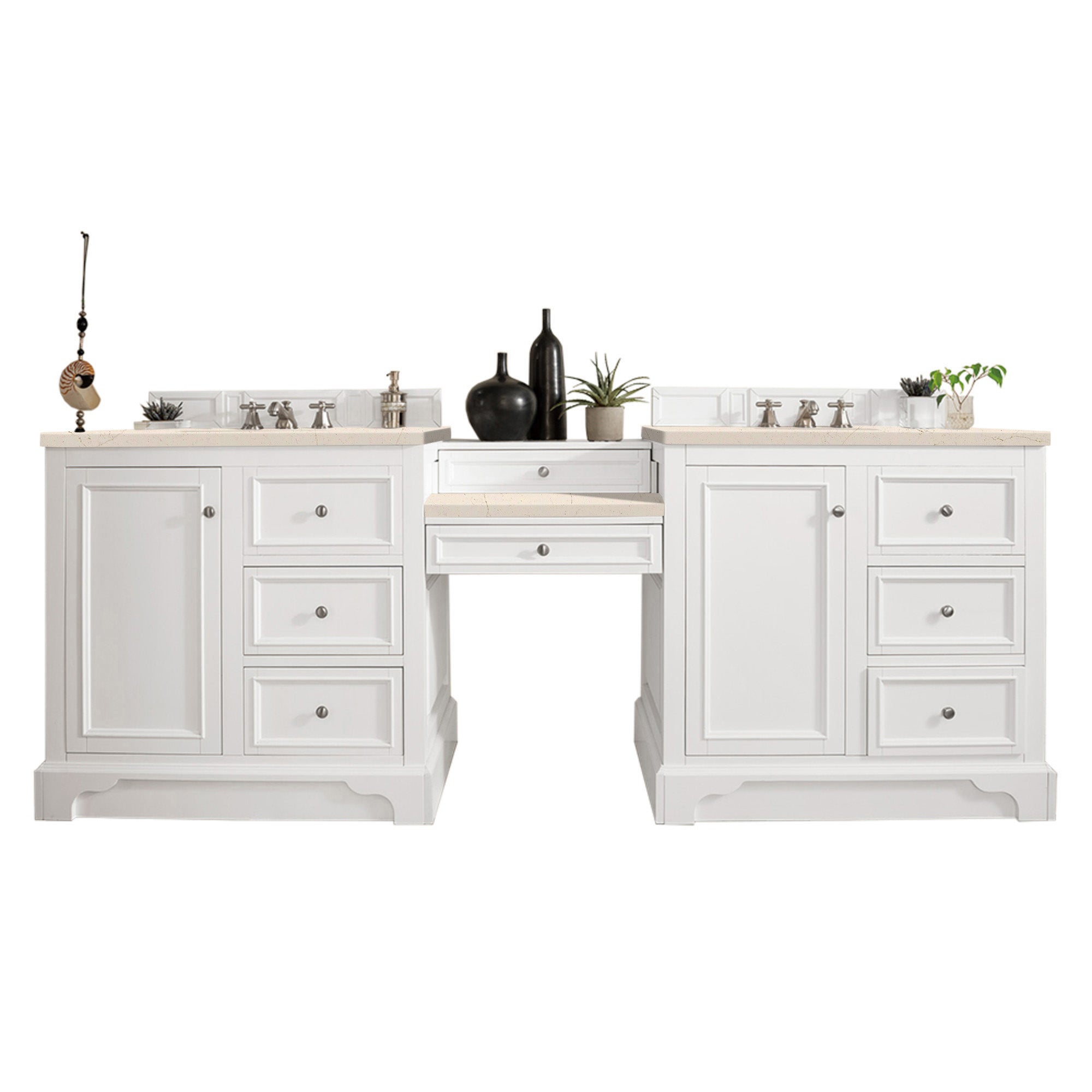 De Soto 94 Double Vanity Set with Makeup Table - Bright White Finish & 3CM Eternal Marfil Quartz Top | Perfect for Master Bathroom, Guest Bathroom & Dressing Room Organization
