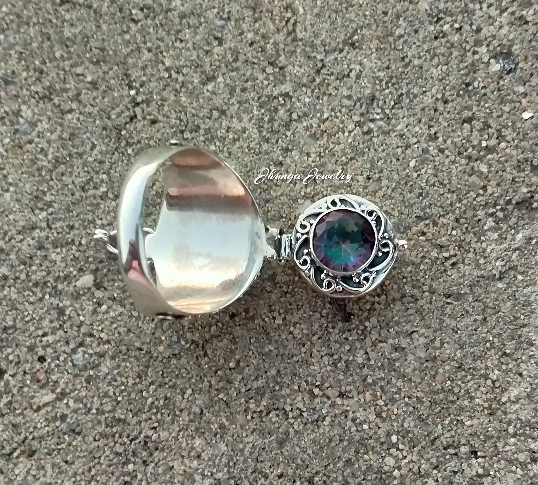 Handmade 925 Sterling Silver Mystic Topaz Poison Ring - Secret Box Ring with Openable Compartment, Rainbow Moonstone Jewelry for Gothic Fashion & Medieval Cosplay