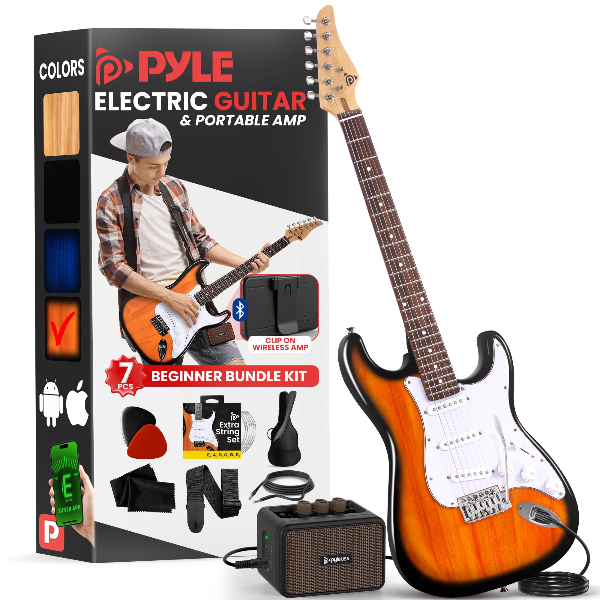 Pyle Full Size Electric Guitar Starter Kit with 5W Amp, Gig Bag, Accessories - ST-Style Beginner Guitar with 22 Frets, Paulownia Wood Body in Sunburst Finish | Perfect for Learning, Practice & Home Performances