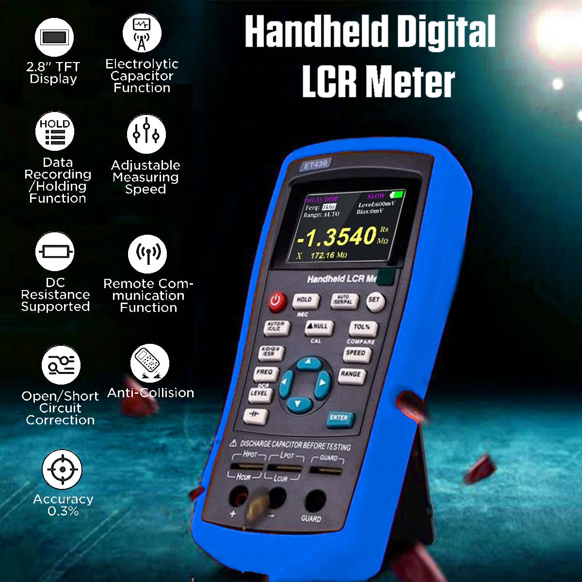 High Accuracy 0.3% LCR Meter - Handheld Digital Bridge with TFT Display, Capacitance & Inductance Tester, Portable Multifunction Multimeter with Rechargeable Battery for Resistance & Transistor Testing (ET430) - Perfect for Electronics Repair, Lab Testing & Component Analysis