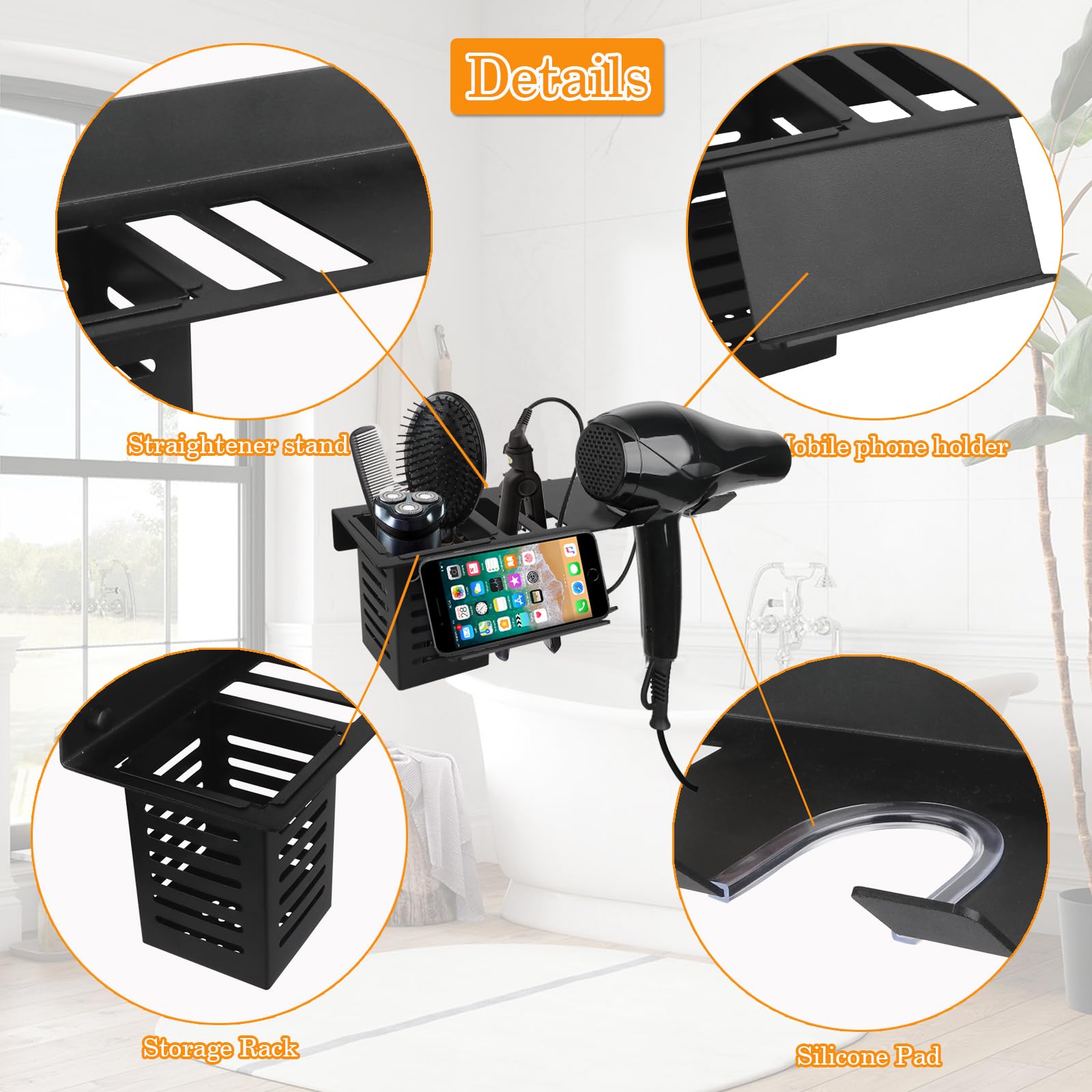 Wall Mounted Blow Dryer Holder & Hair Tool Organizer - Black with Comb | Space-Saving Bathroom Accessory for Hair Dryer, Straightener & Styling Tools | Perfect for Small Bathrooms, Salons & Vanity Organization
