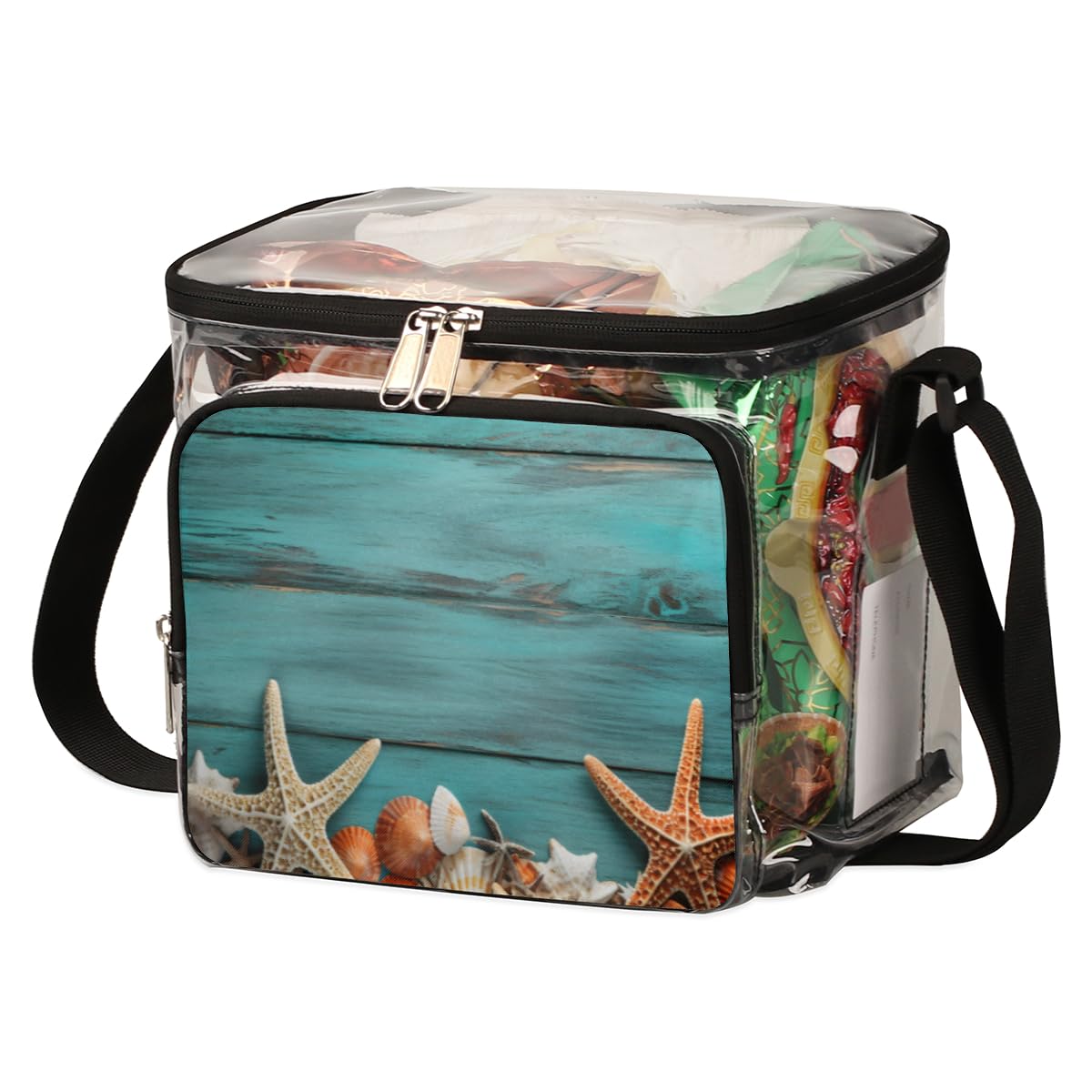 GzLeyigou Clear Transparent Tote Bag with Wooden Handles - Blue Starfish & Seashell Design, Crossbody Shoulder Bag for Women - Perfect for Beach, Picnic, Travel, Concerts & Sports Events (Stadium Approved)