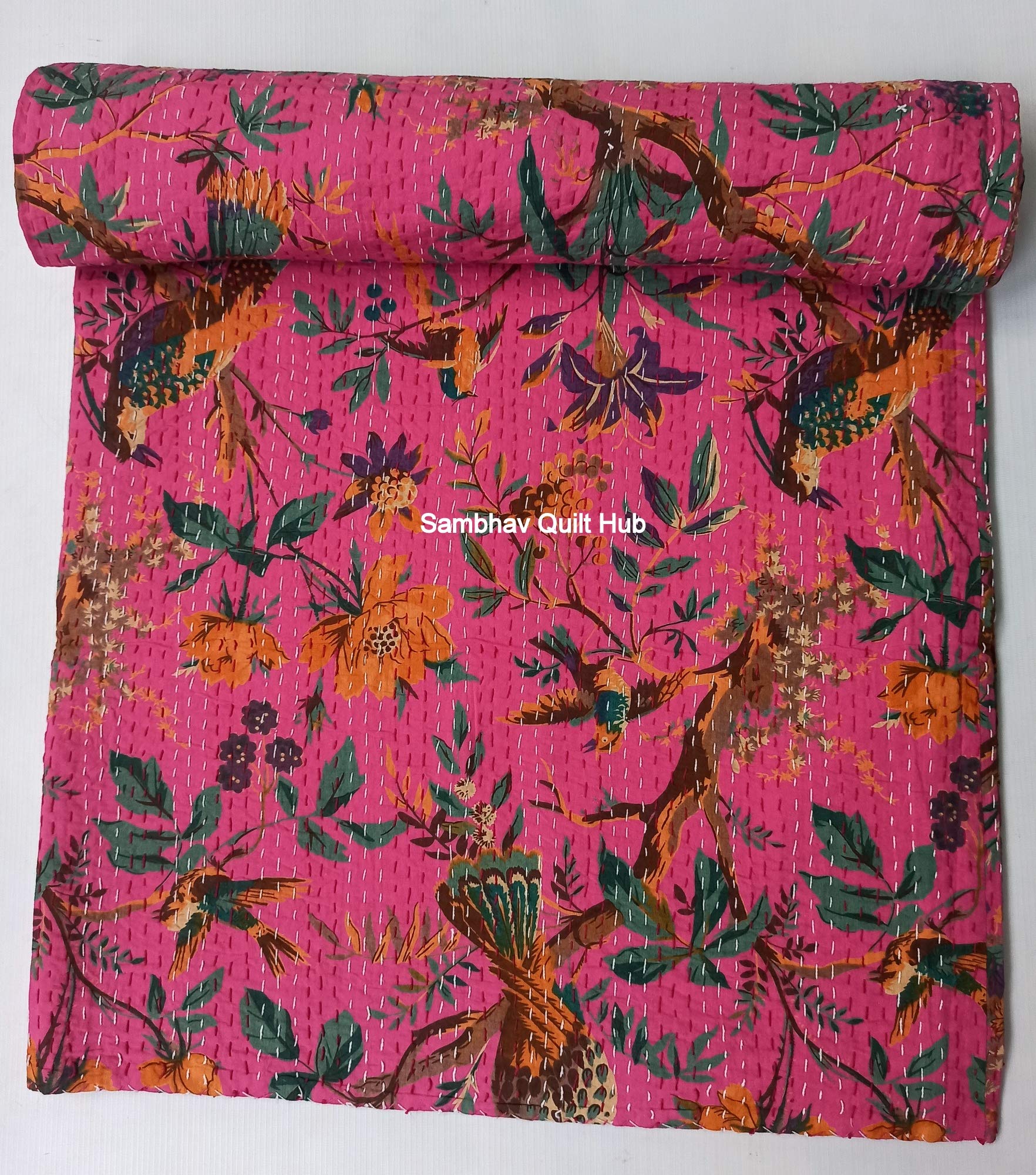 Reversible Pink Floral Bird Kantha Quilt - Bohemian King/Queen Size Bedspread (90x108 Inches) with 2 Matching Pillow Covers | Soft Cotton Bedding for Home Decor, Guest Room & Bohemian Style Bedroom
