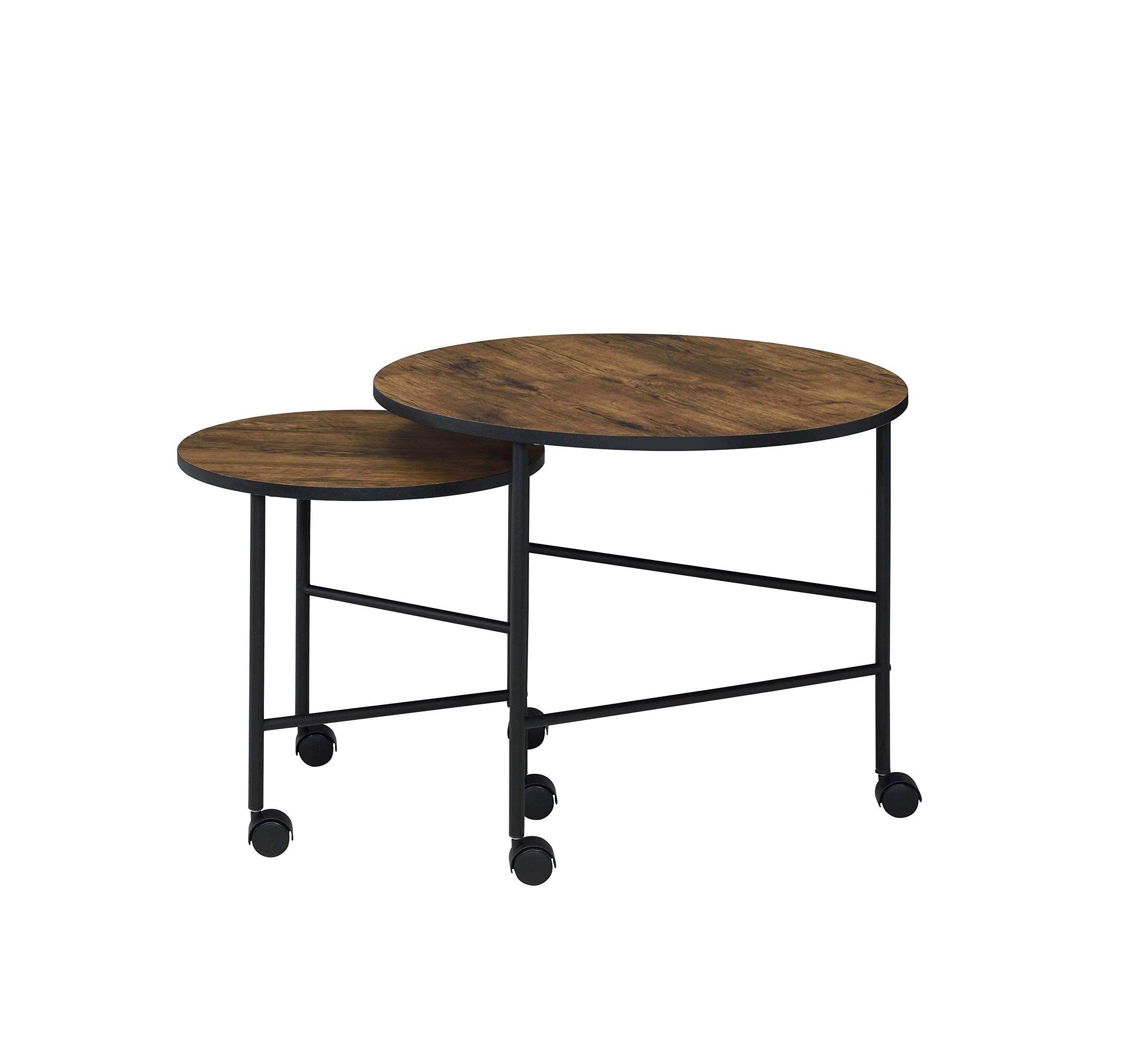 Industrial Mobile Nesting Coffee Table Set for Living Room - 2 Piece Wooden Top, Metal Frame & Wheels (Vintage Oak & Black) | Space-Saving Modern Side Tables for Small Apartments & Home Office