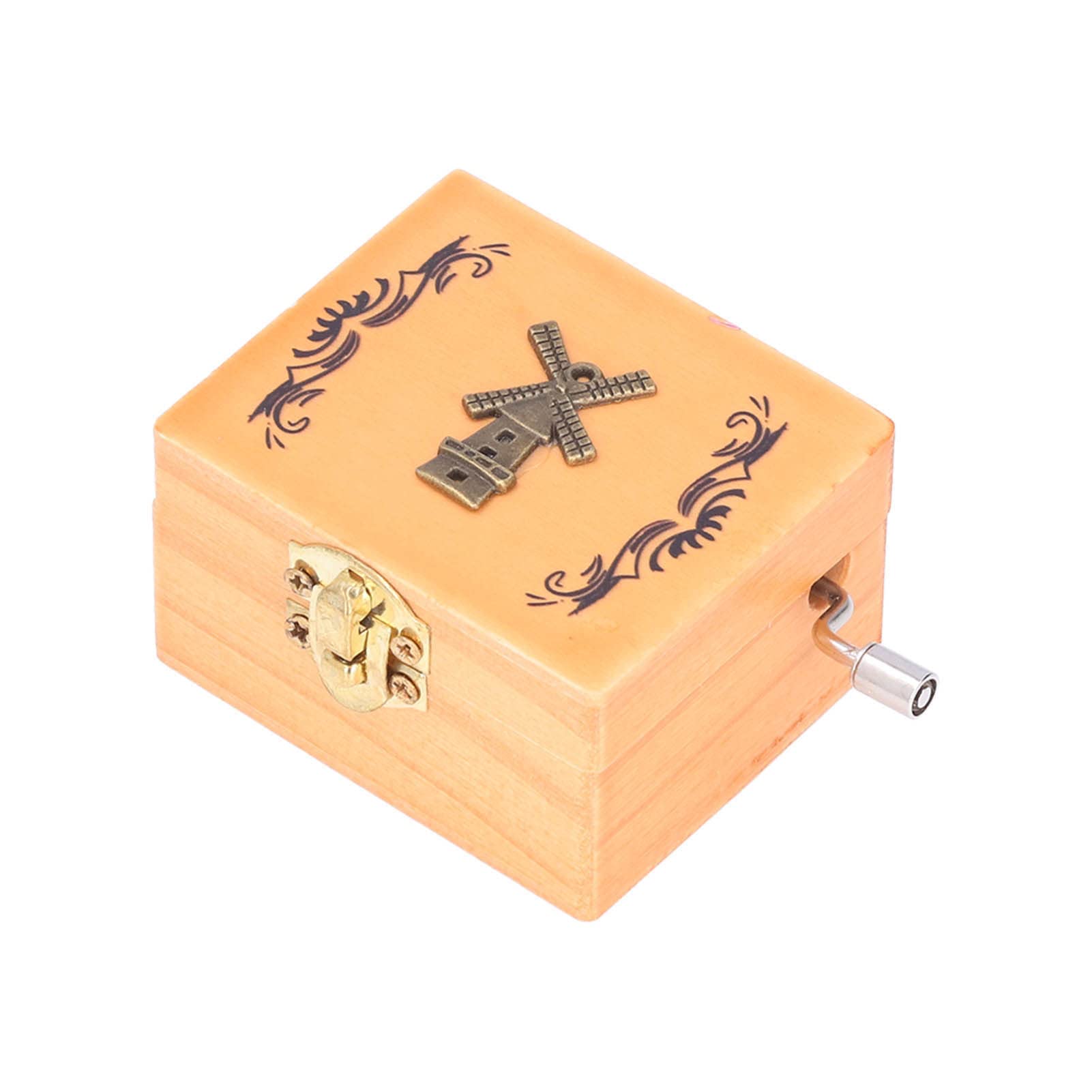 Hand Crank Wooden Music Box with Golden Lock & Metal Windmill Design - Perfect Gift for Mother, Home Decor, Office & School - Romantic Birthday, Wedding, Anniversary Present