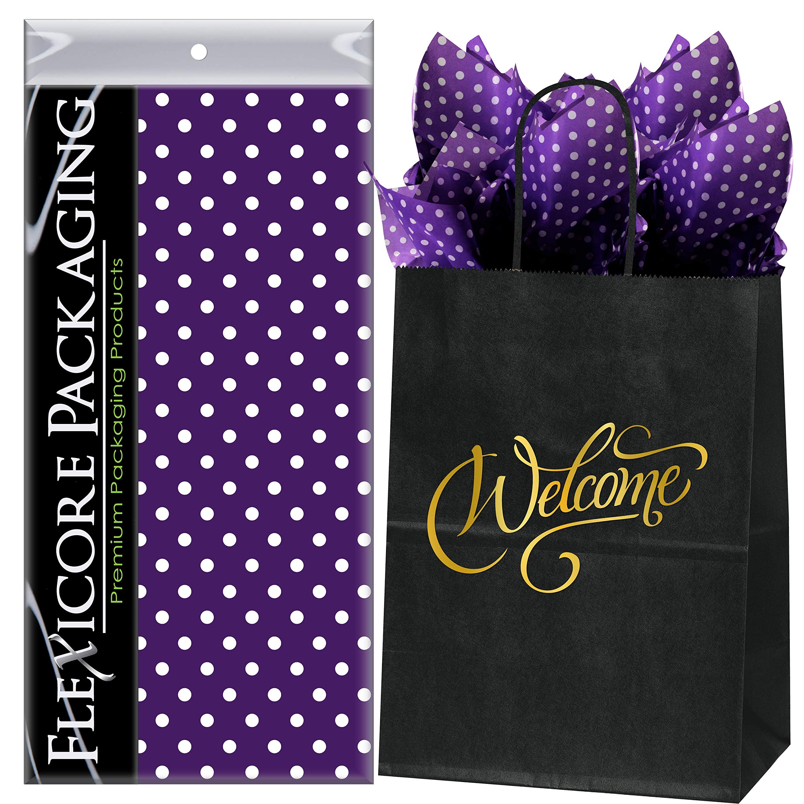 Premium Black Kraft Paper Welcome Bags with Purple Polka Dot Tissue Gift Wrap - 8