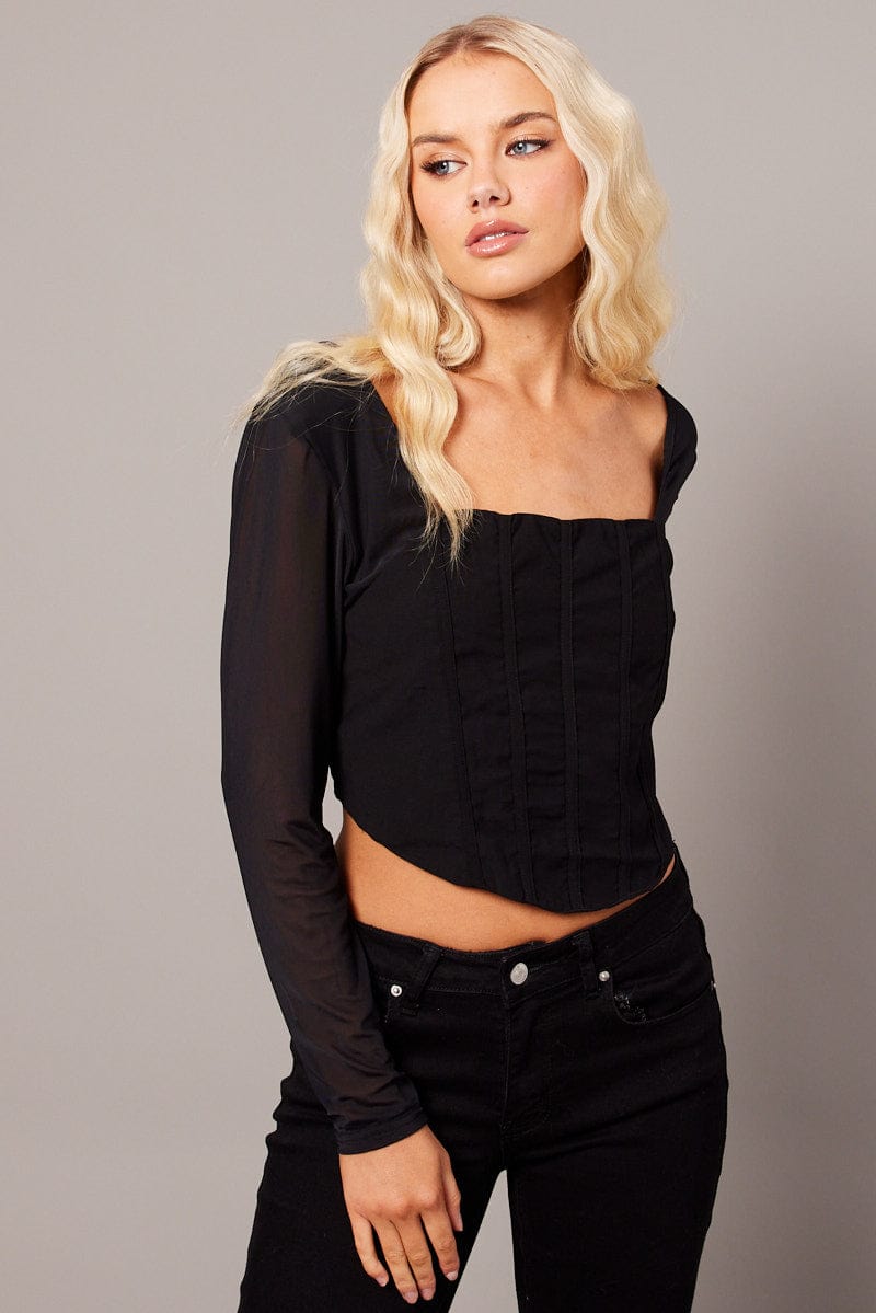 Elegant Black Corset Top with Long Sleeves - Sexy Lace-Up Bustier for Women | Perfect for Date Night, Halloween Costume & Burlesque Outfits