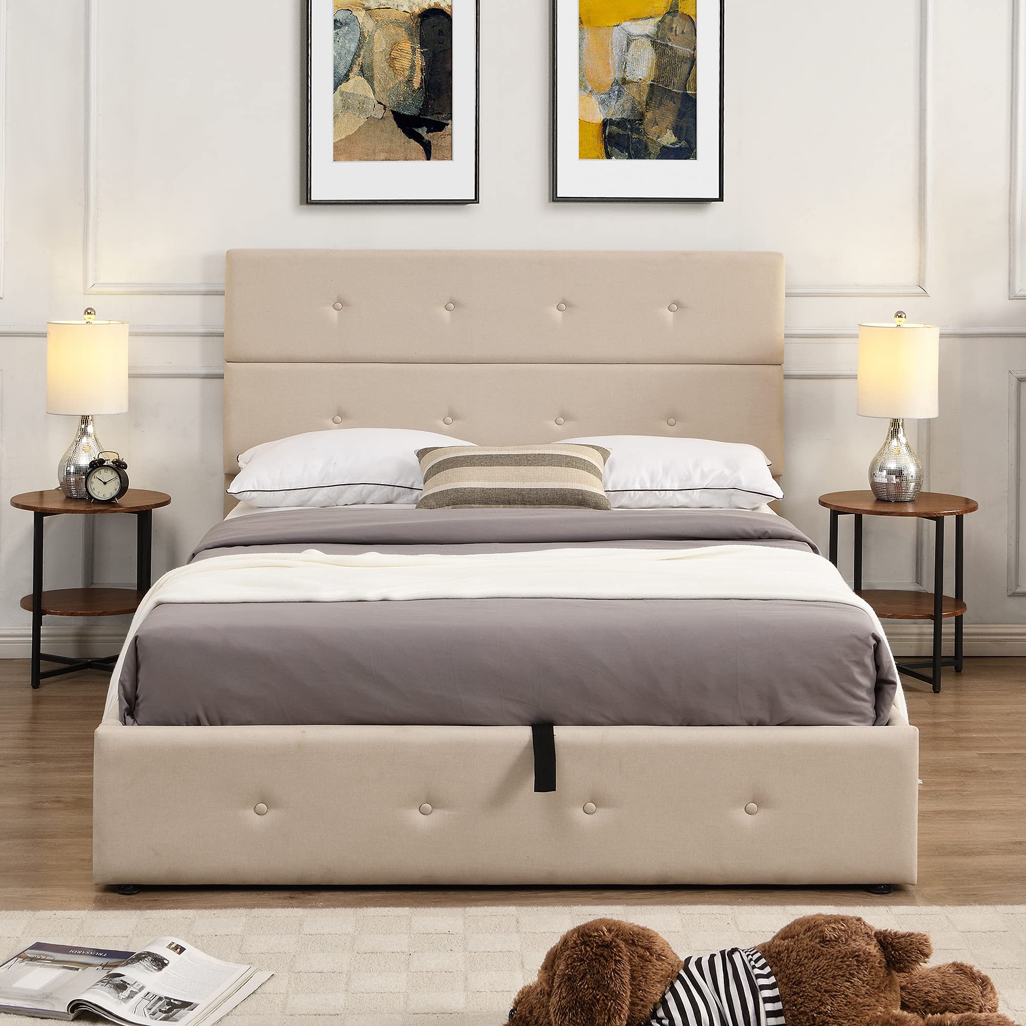 Merax Full Size Upholstered Platform Bed with Wooden Slat Support & Under Bed Storage - Beige Modern Bed Frame for Small Spaces, Guest Rooms & Apartments