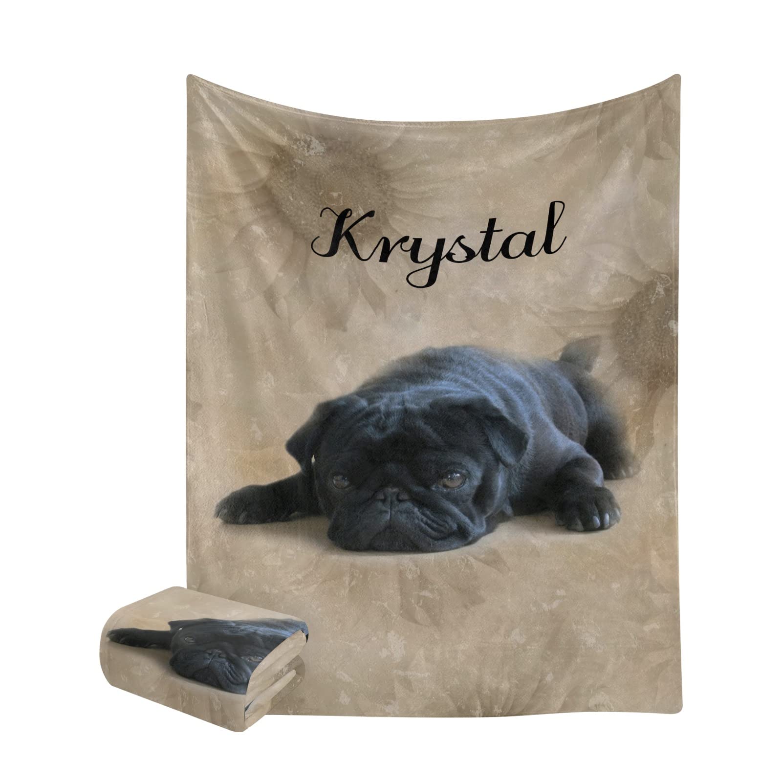 Personalized Black Pug Dog Sunflower Throw Blanket - 50x60 Inch Soft Cozy Blanket for Bed, Sofa, Couch, Travel, Camping & Hiking - Perfect Gift for Dog Lovers