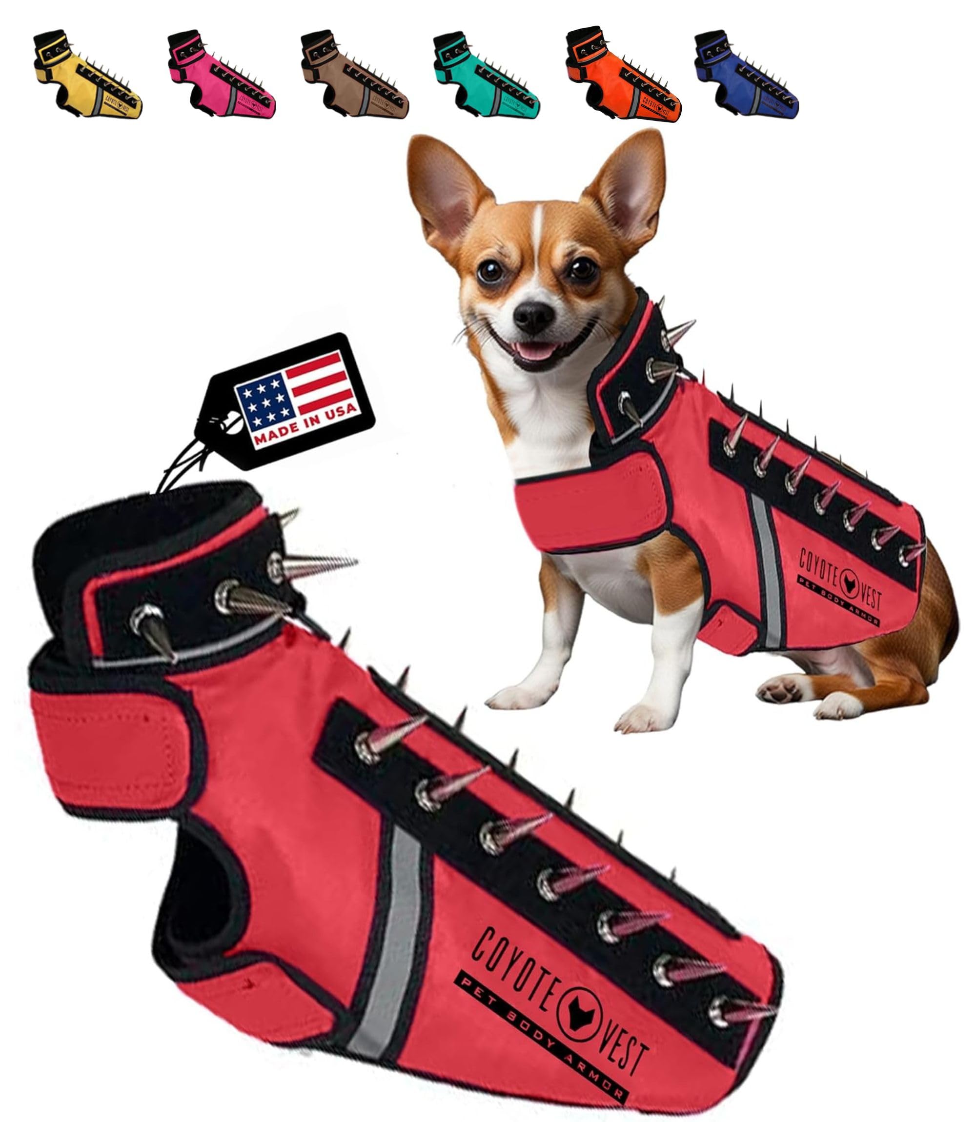 CoyoteVest SpikeVest - Small Dog Harness with Reflective Spikes for Protection Against Coyotes, Hawks & Predators | Anti-Attack Pet Vest for Outdoor Safety | Made in USA (XXS-Red) | Perfect for Hiking, Camping & Backyard Protection