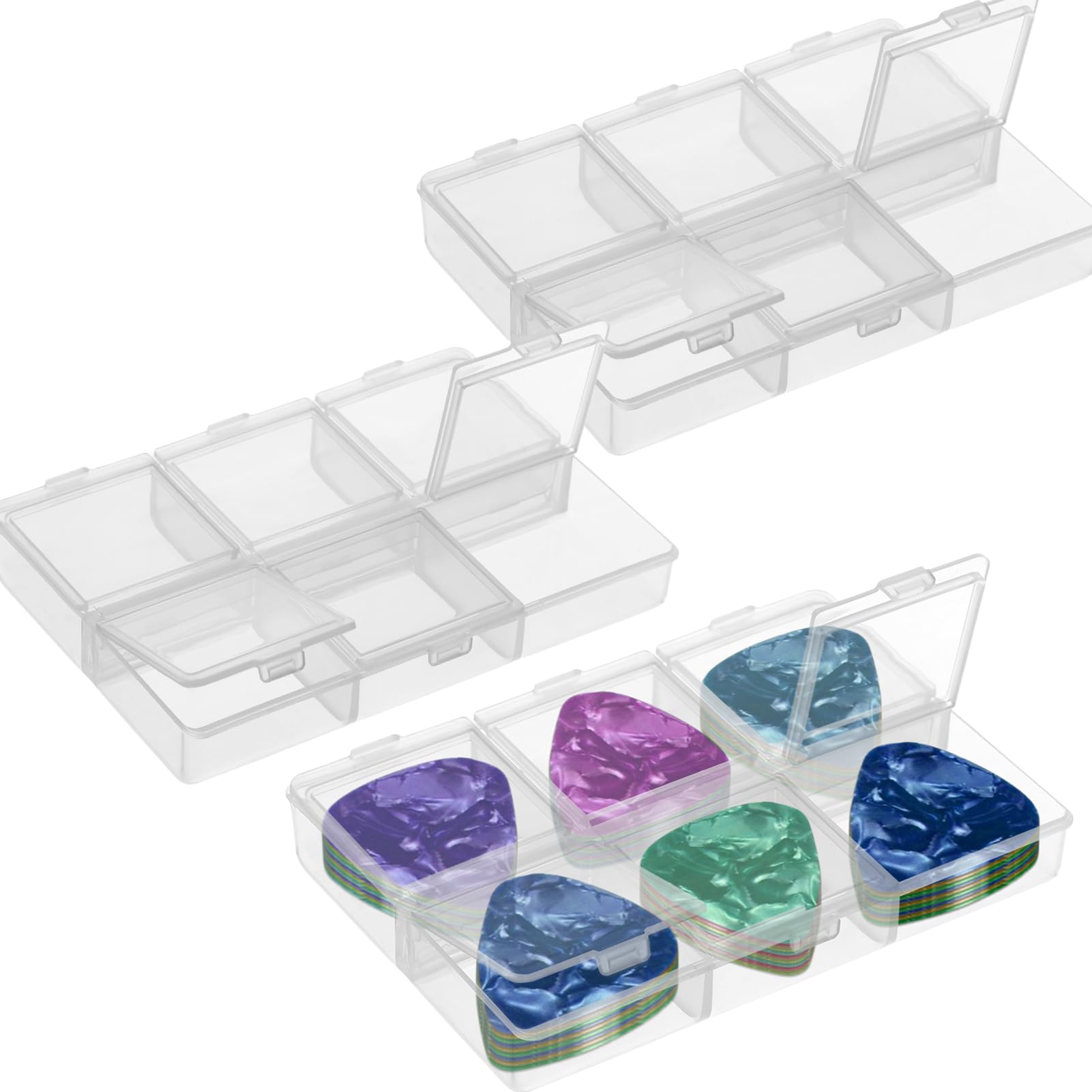 3-Piece Guitar Pick Holder Set - 6 Grid Guitar & Bass Pick Case with Individual Lids - 60 Capacity Pick Storage Box for Musicians - Perfect for Stage Performances, Practice Sessions & Guitar Collections