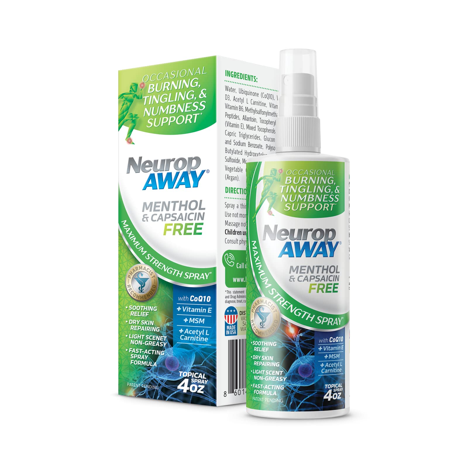 NeuropAWAY VasoCorp Pain Relief Spray with Menthol & Capsaicin-Free Formula | 4.0 oz | Fast-Acting Muscle & Joint Pain Relief for Athletes & Active Lifestyles
