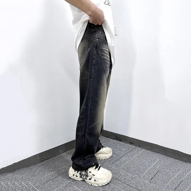 Trendy American Style Men's Jeans - Splashed Ink Design Straight Leg Streetwear | Loose Fit Denim Pants for Casual Outfits & Urban Fashion | Perfect for Everyday Wear, Parties, and Street Style Looks