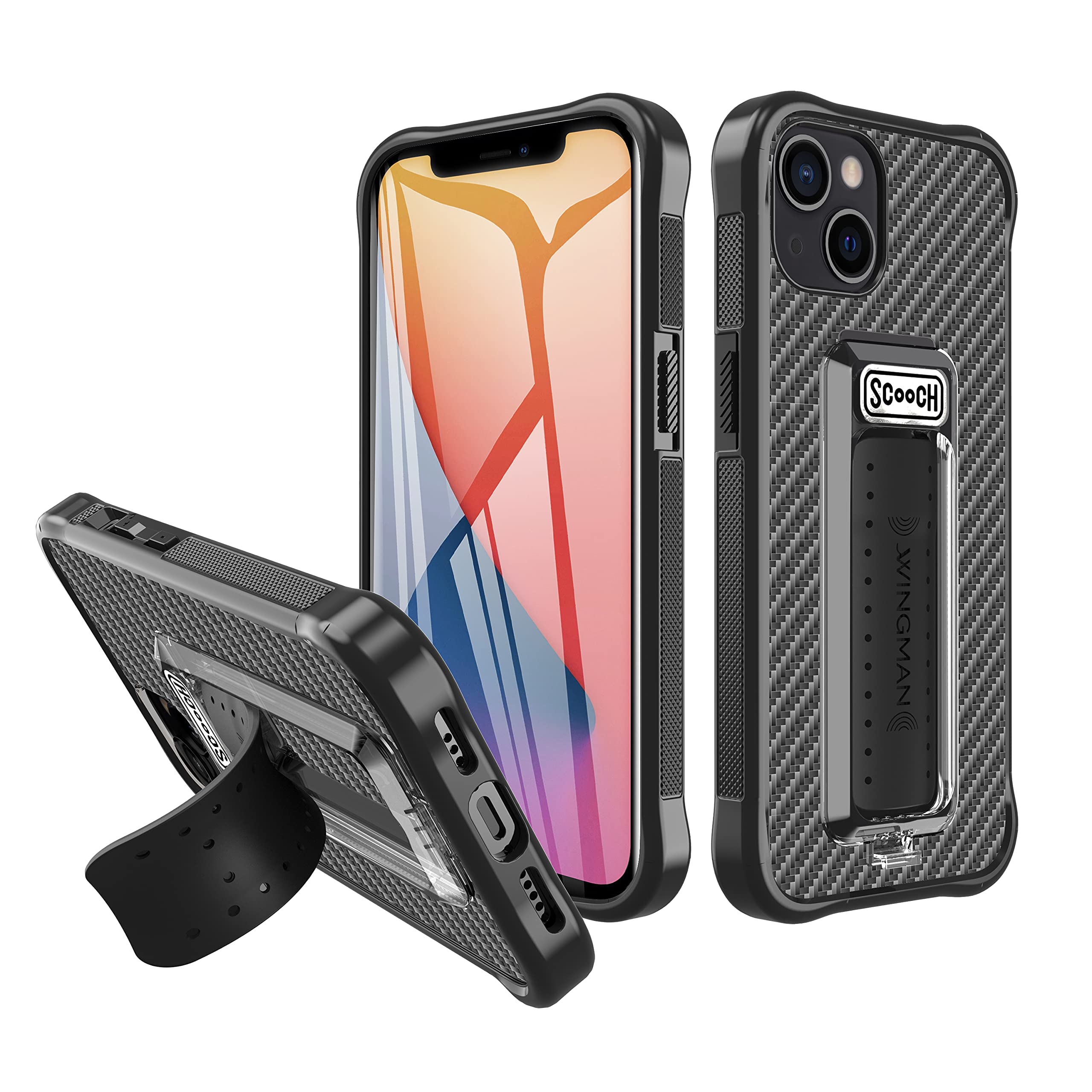 Scooch Wingman iPhone 13 Case with Stand, Phone Grip & Car Vent Mount | Slim Kickstand Case with 10 ft Drop Protection | Magnetic Car Mount Compatible | Tuxedo/Carbon Fiber Design | Perfect for Work, Travel & Daily Use