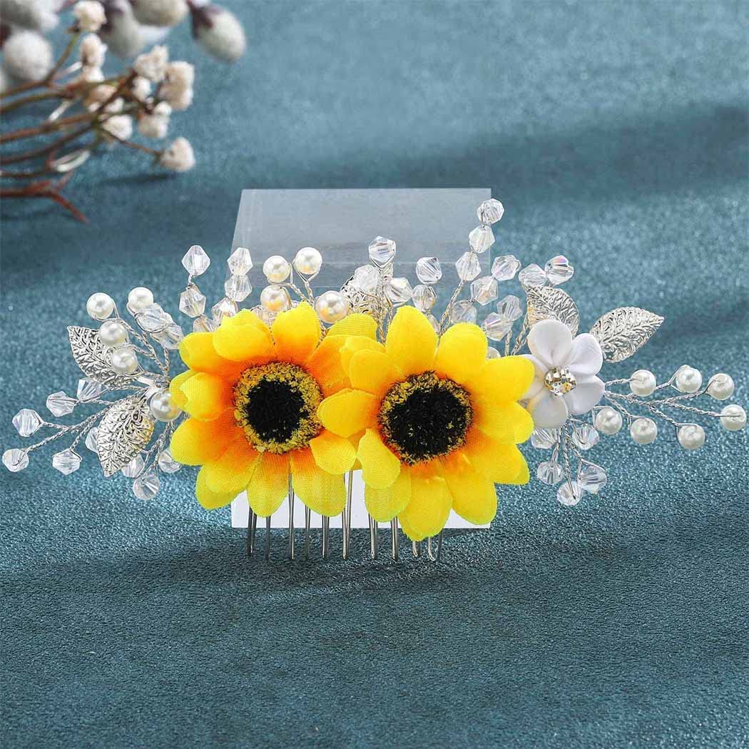 Elegant Sunflower Wedding Hair Comb with Crystal Pearls – Silver Bridal Hair Accessories for Women & Girls | Perfect for Brides, Bridesmaids, and Special Occasions