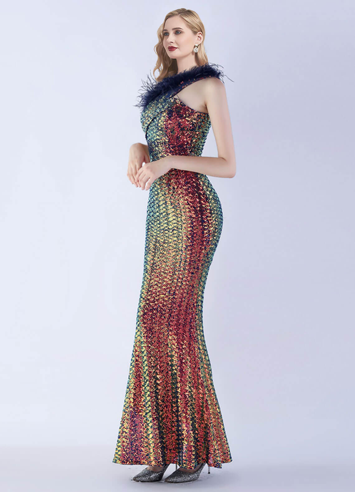 Elegant Blue One Shoulder Feather Sequin Mermaid Evening Gown for Prom, Wedding & Formal Events - Luxury Women's Party Dress