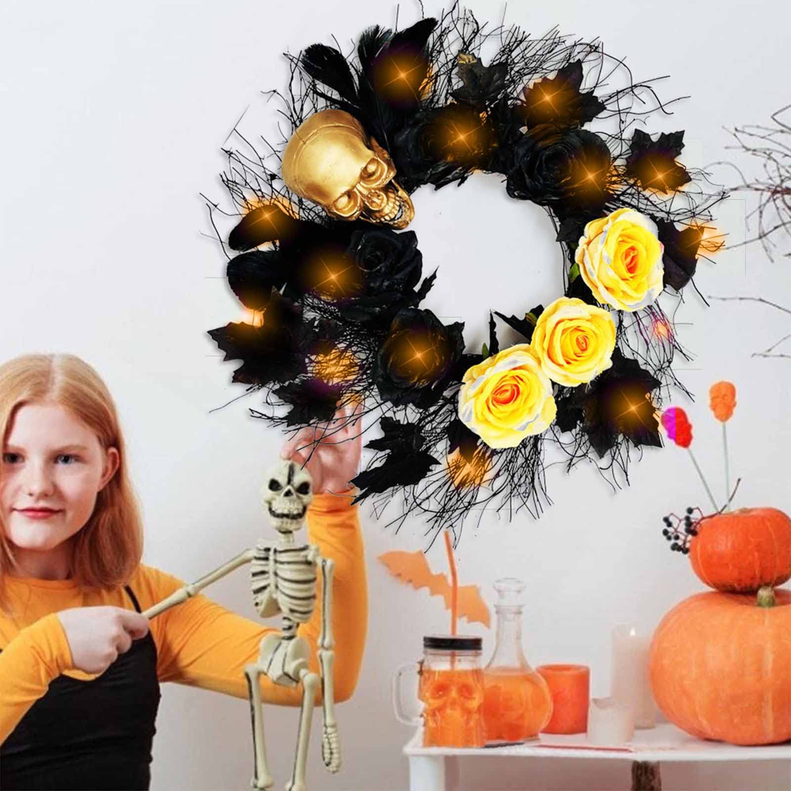 Halloween Wreath with LED Red Lights - Battery Operated Glitter Sparkling Door Decor for Indoor/Outdoor - Perfect for Front Door, Window, Home & Party Decorations (Black)