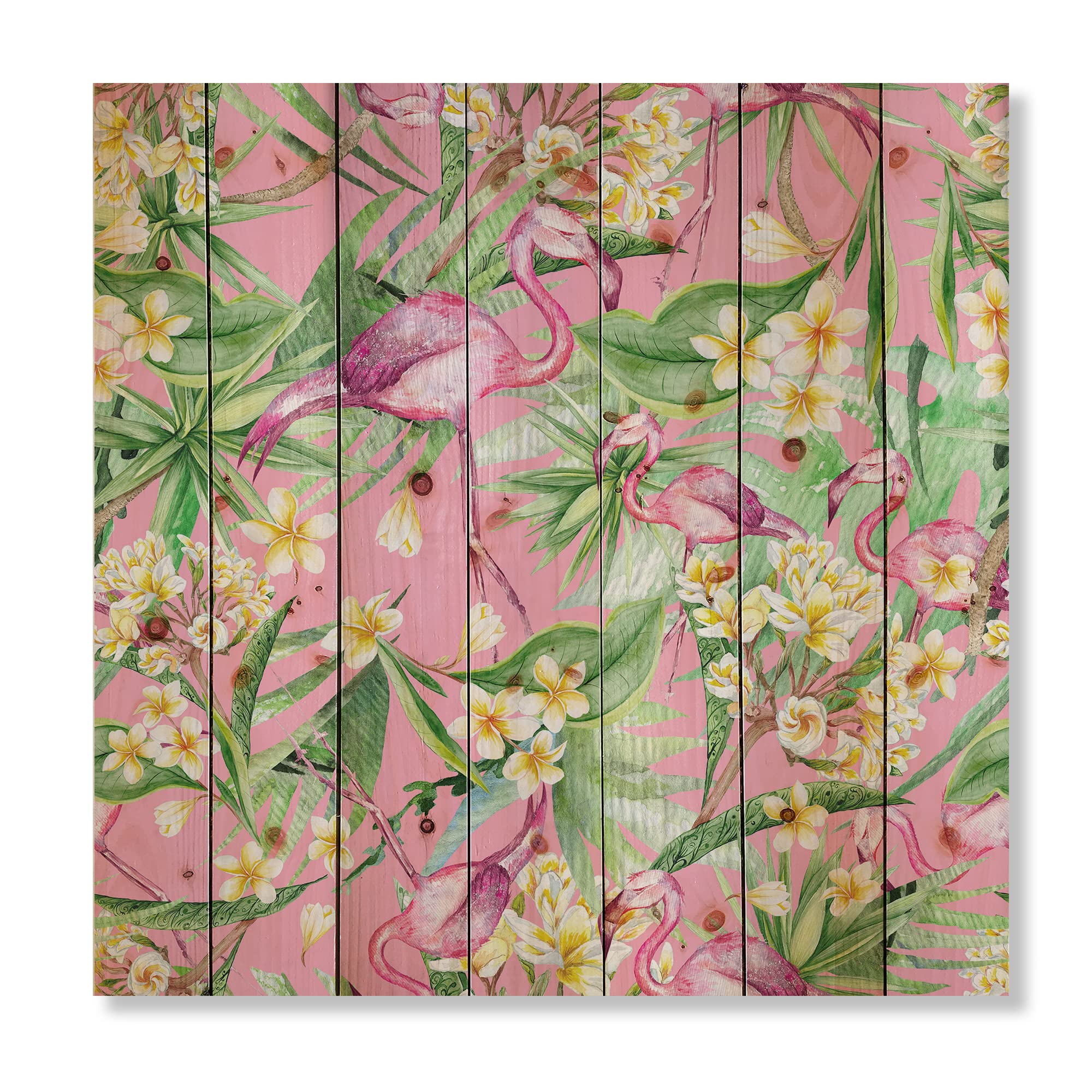 Tropical Flamingo Wood Wall Art - Pink Floral Pine Decor for Living Room