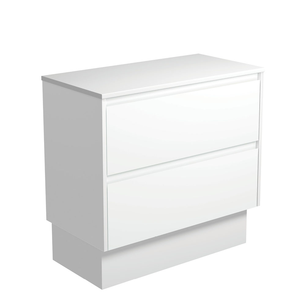 Fienza 90BWK Amato 900 On Kickboard Cabinet - 36 Inch White Kitchen Base Cabinet with Soft-Close Doors, Satin Finish - Perfect for Modern Kitchens, Bathroom Vanities & Laundry Room Storage