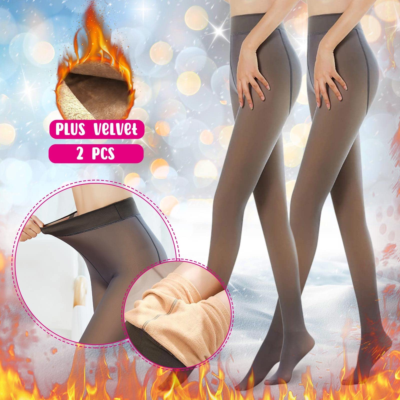 Nevera Women 2PCS High Waist Fleece Lined Leggings - Thin Skin Tone Foot Socks, Nudie Tights for Winter Warmth, Yoga, Workout & Daily Wear