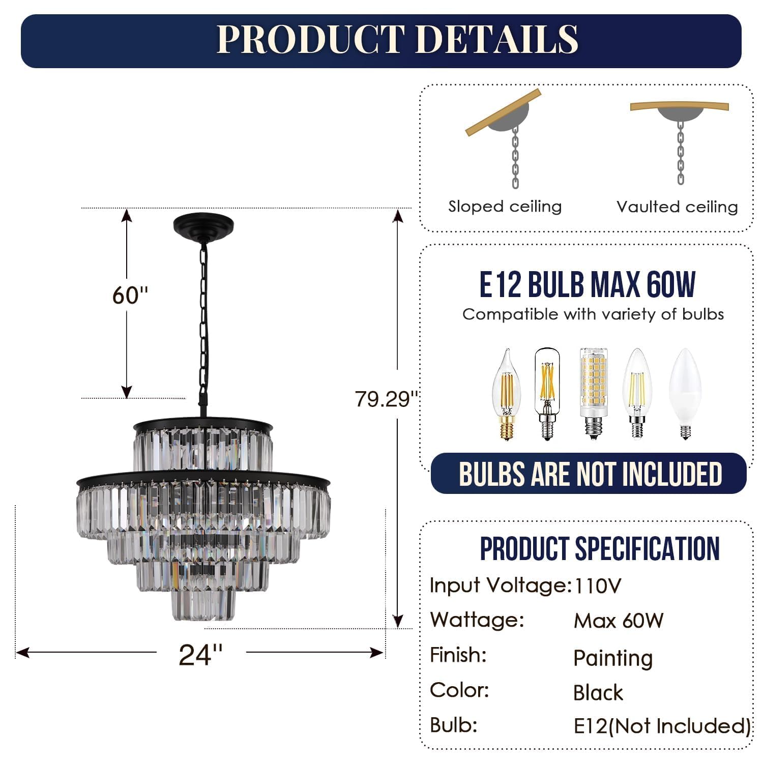 Modern Black Crystal Chandelier - 13-Light Pendant Ceiling Light Fixture (24 Inch Diameter) for Dining Room, Living Room, Foyer & Hallway - Elegant Lighting for Home Decor & Special Occasions