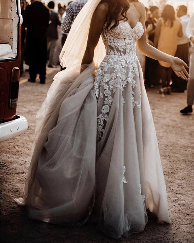 Boho Wedding Dresses for Women - Sheer Tulle Corset Gown with Thigh High Slit | Perfect for Beach, Garden & Bohemian Style Weddings