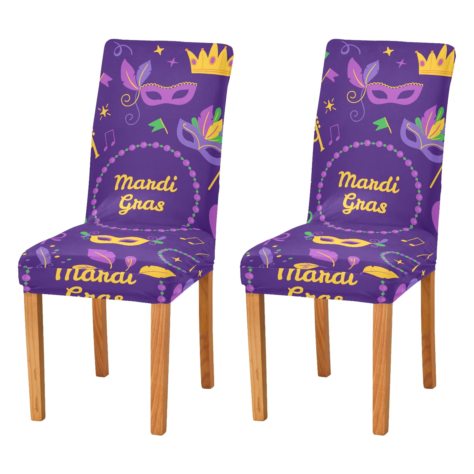 Stretchable Mardi Gras Chair Covers 2-Pack - Removable Dining Chair Slipcovers for Wedding, Party & Home Decor - Fits Most Chairs for Dining Room, Hotel & Ceremony Use