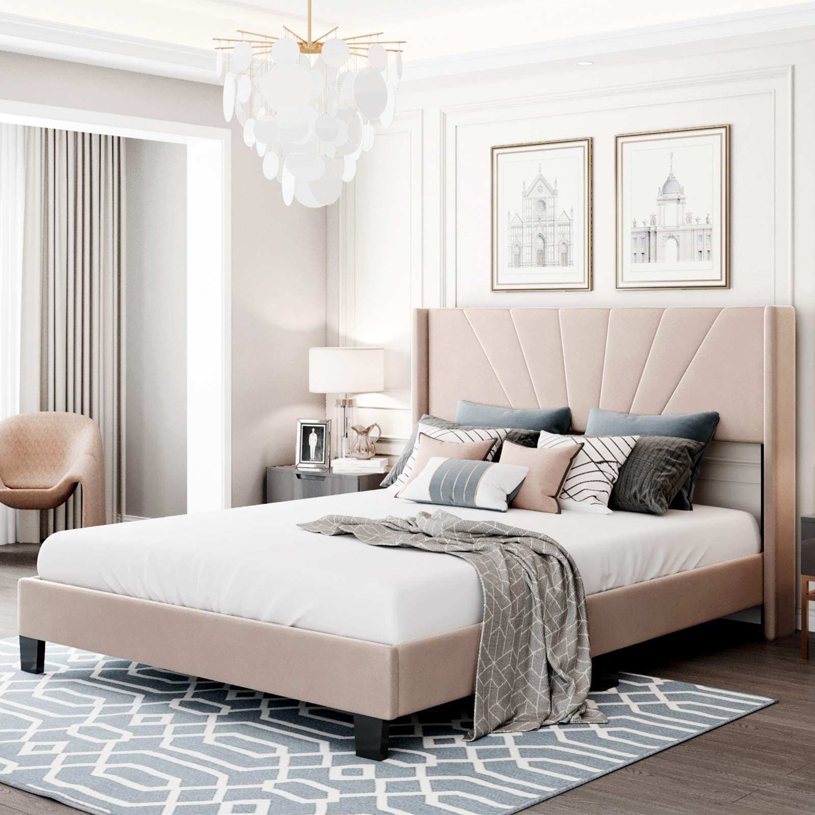SSLine Queen Size Bed Frame - Beige Velvet Upholstered Platform Bed with Wood Slats & Modern Headboard | Sturdy Support, Easy Assembly | Perfect for Master Bedroom, Guest Room & Small Spaces (Queen, Beige Velvet)