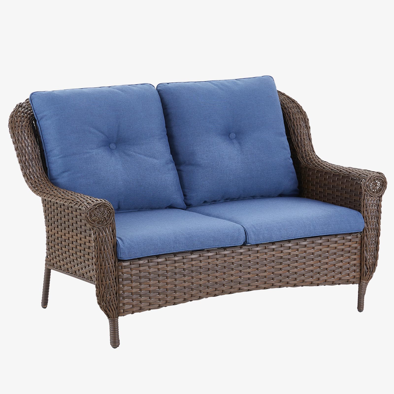 Brown Rattan Loveseat Outdoor Sofa with Water-Resistant Blue Cushions & Chrysanthemum Armrest - Patio Garden Balcony Backyard Poolside Furniture for Relaxing & Entertaining (1PC)