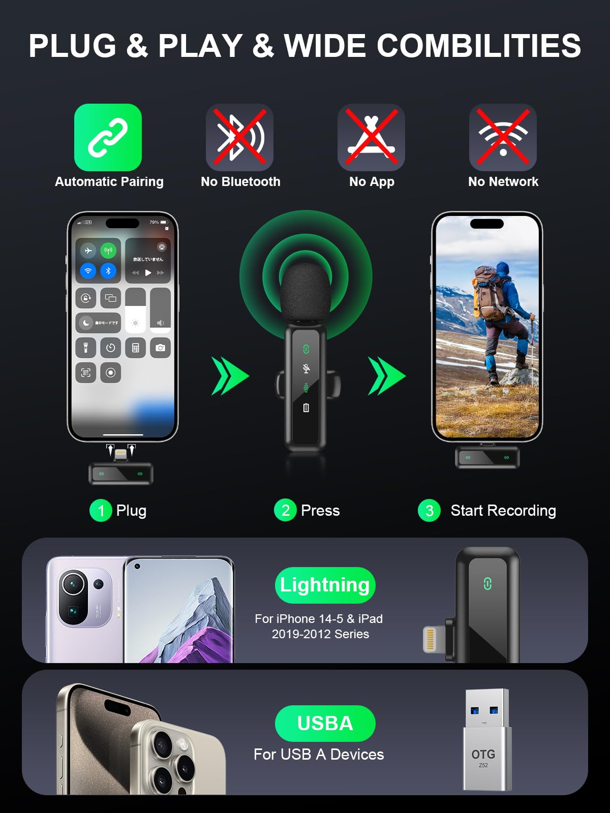 **Wireless Lavalier Microphone for iPhone 5-14 Series - 2 Pack Mini Lapel Mic with LED Display & Noise Cancelling - Perfect for Content Creators, Video Recording, Vlogging, YouTube, Live Streaming & Podcasting (Lightning Only)**