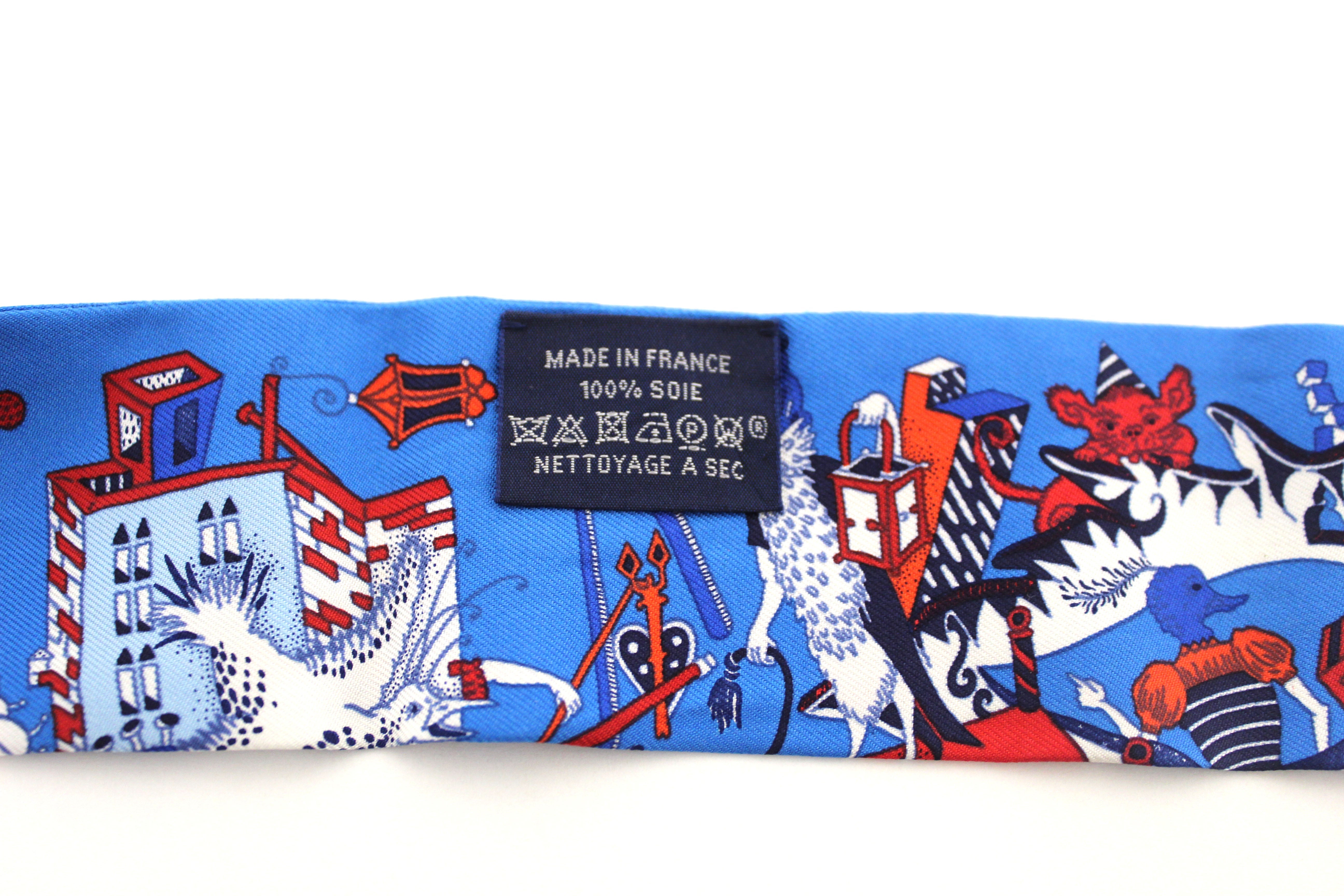 Authentic Hermes Silk Twilly Scarf - Blue, Red & White Narrow Logo Design | Perfect for Handbags, Hair Accessories & Gift Wrapping