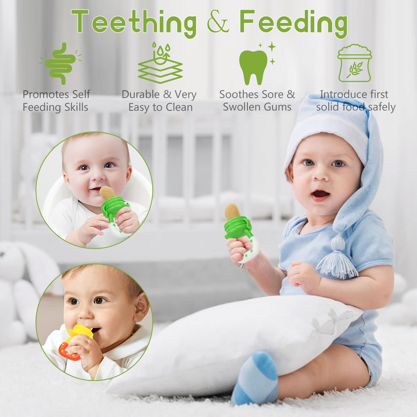 WAJIAYON Baby Fruit Feeder Pacifier - 5 Pack Set with 2 Silicone Teethers, 1 Food Dispensing Spoon | BPA-Free Mesh & Silicone Baby Food Feeder for Infants 6-12 Months | Perfect for Teething Relief, Fresh Fruit Snacks & On-the-Go Feeding (Green & Yellow)