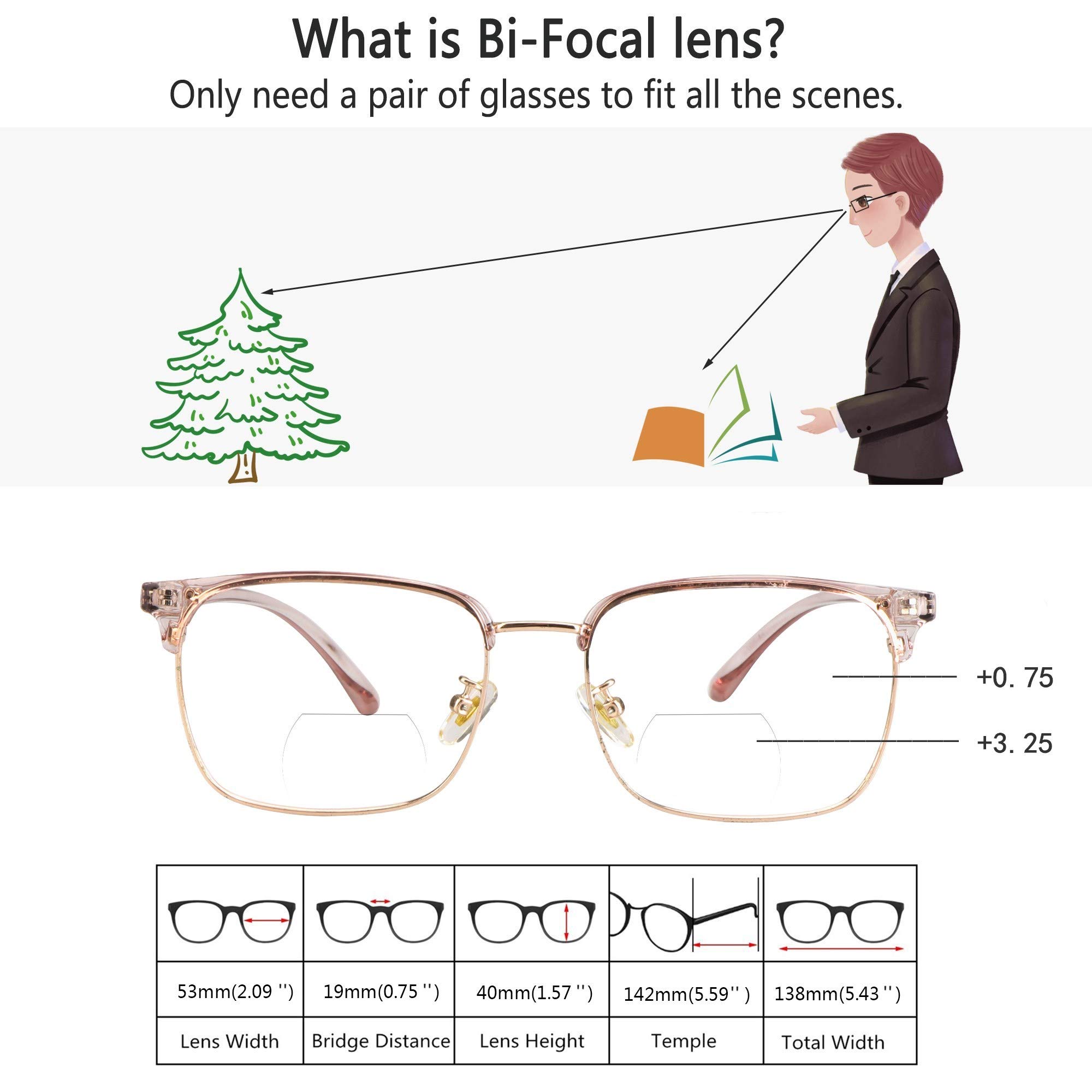 VisionGlobal Blue Light Blocking Bifocal Glasses for Women & Men - Anti Eyestrain Computer Reading Glasses with Stylish Square Frame - Perfect for Office Work, Gaming & Screen Time