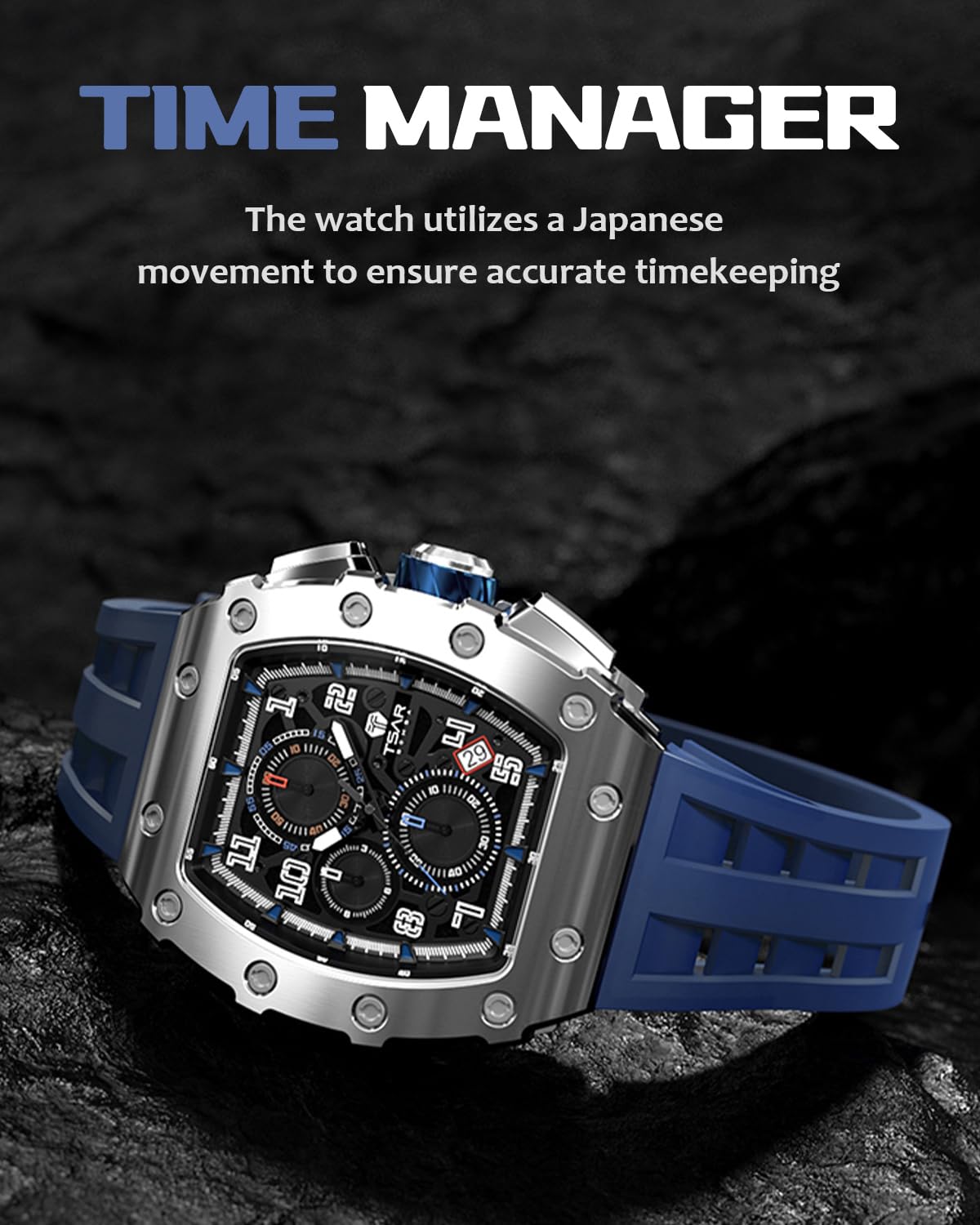 TSAR BOMBA Luxury Men's Tonneau Watch - Waterproof 50M Analog Chronograph with Date Calendar - Business Dress Watch for Men - Large Square Face Diver Wristwatch - Perfect for Office, Formal Events & Water Activities