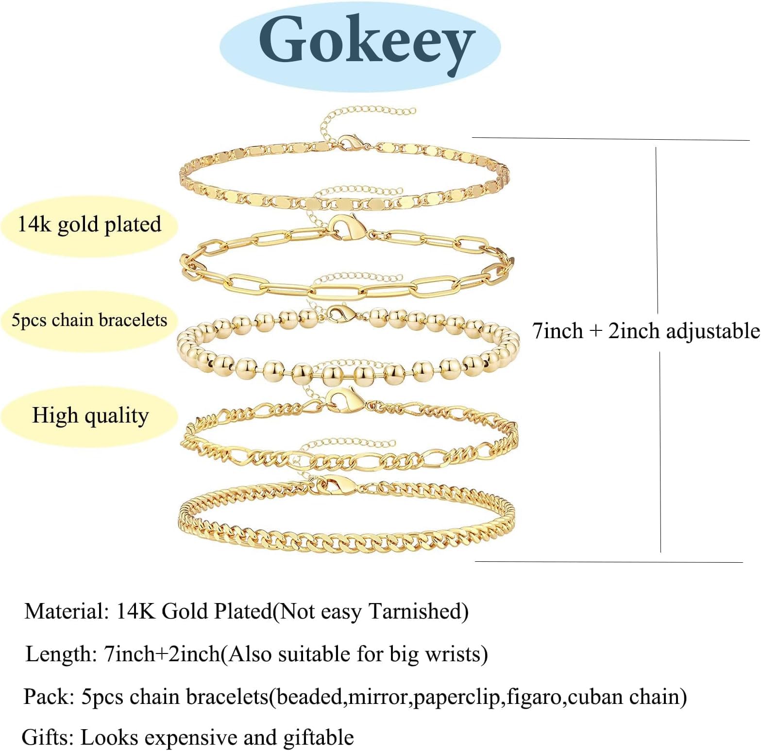 14K Gold Plated Women's Bracelet Set - Trendy Dainty Paperclip & Cuban Link Chain Cuff Bracelets, Adjustable 7
