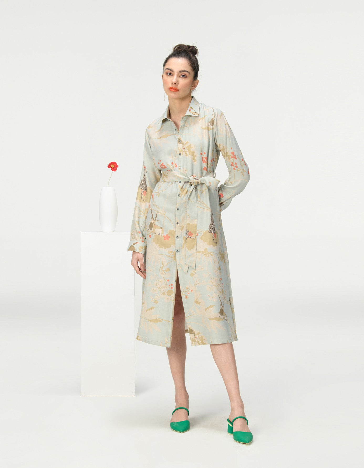 Elegant Tie Belt Shirt Dress in Muga Satin - Ice Blue | Women's Casual & Office Wear | Perfect for Spring Outfits, Work Attire and Special Occasions