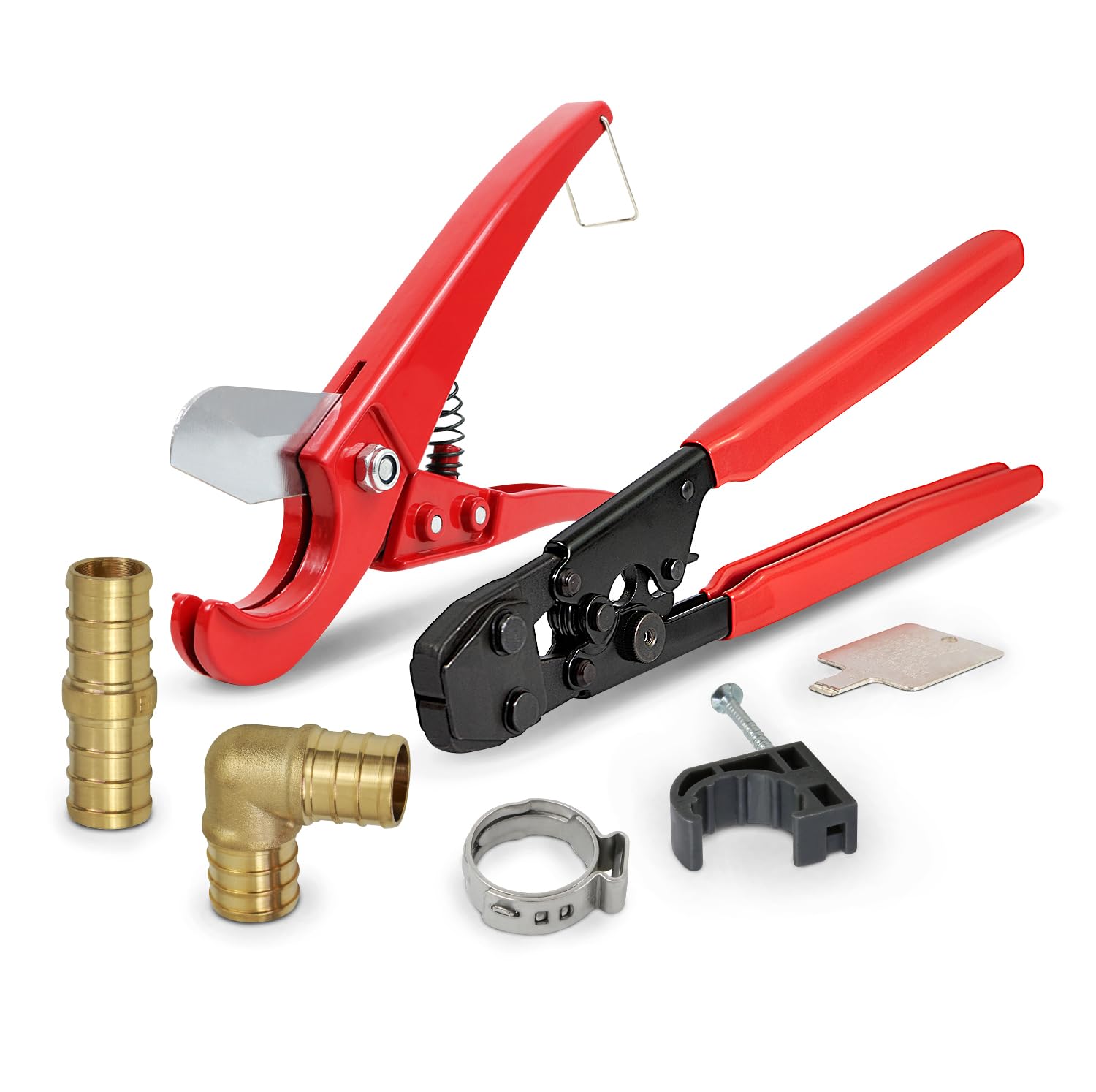 Professional Plumbing Kit with Crimper Tool, Cutter, Brass Fittings & Clamps - 1/2