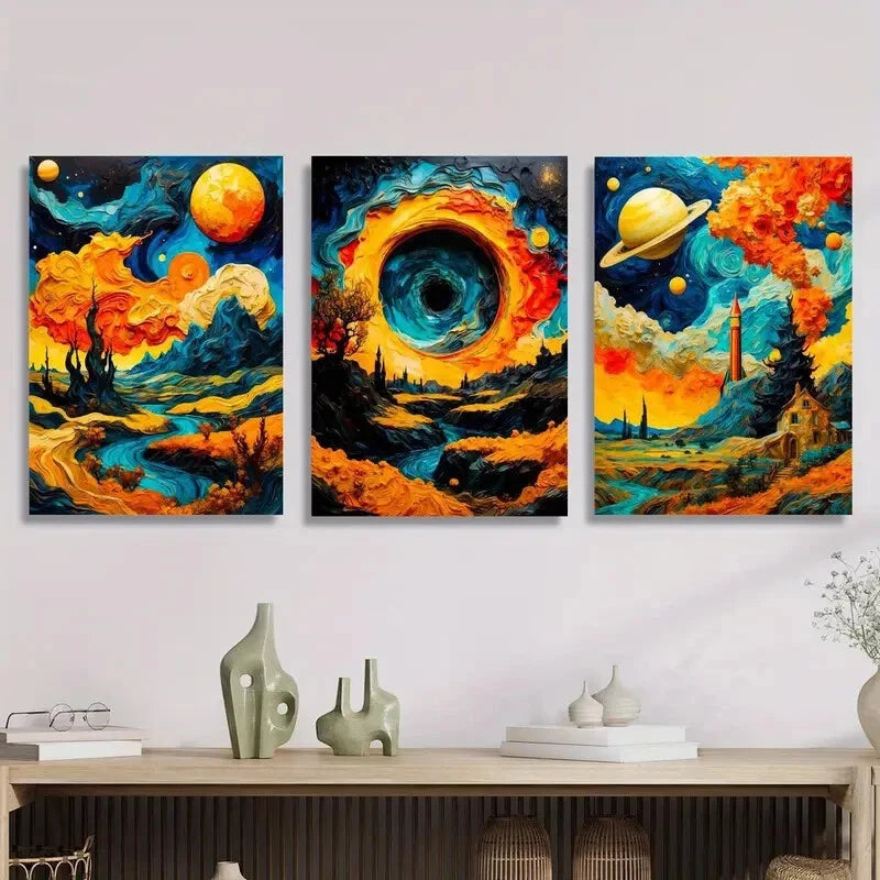 3-Piece Vibrant Mountain Lake Sunset & Cosmic Sky Metal Wall Art Prints - Ready to Hang - Perfect for Living Room, Bedroom & Office Decor