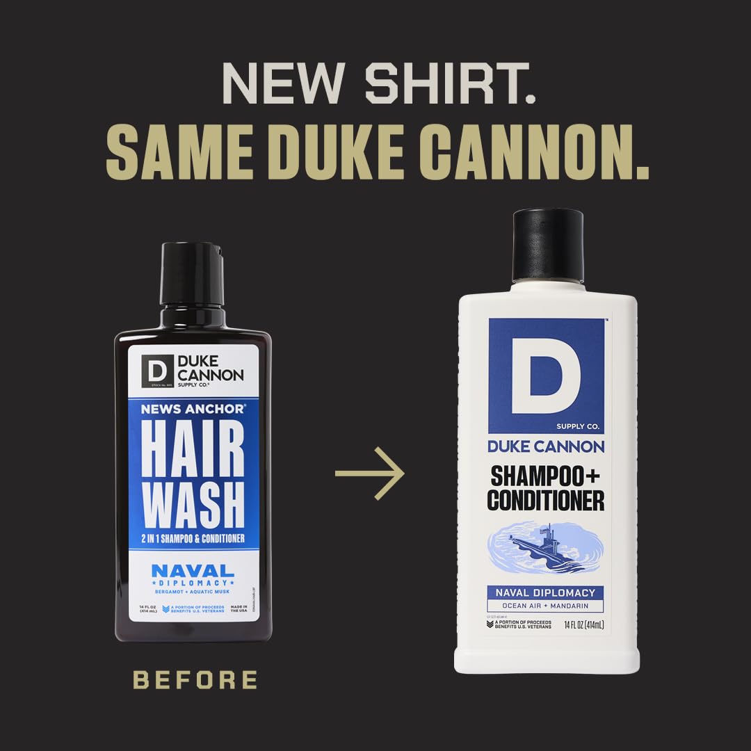 Duke Cannon Supply Co. 2-in-1 Hair Wash & Conditioner for Men - Masculine Scent, Gentle Cleansing & Strengthening Formula - Naval Diplomacy Shampoo (14 oz) - Perfect for Gym, Travel & Everyday Use