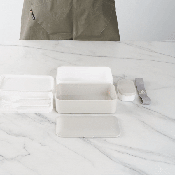 Bento Tek 41 oz Gray & White Buddha Box - All-in-One Lunch Container with Utensils & Sauce Cup (7.25