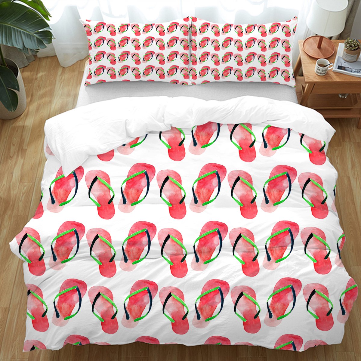Stylish Flip Flops Printed Bedding Set - Soft Cotton Duvet Cover & Pillowcase for Summer Beach Theme Bedroom Decor - Perfect for Vacation Homes, Dorm Rooms and Coastal Living Spaces