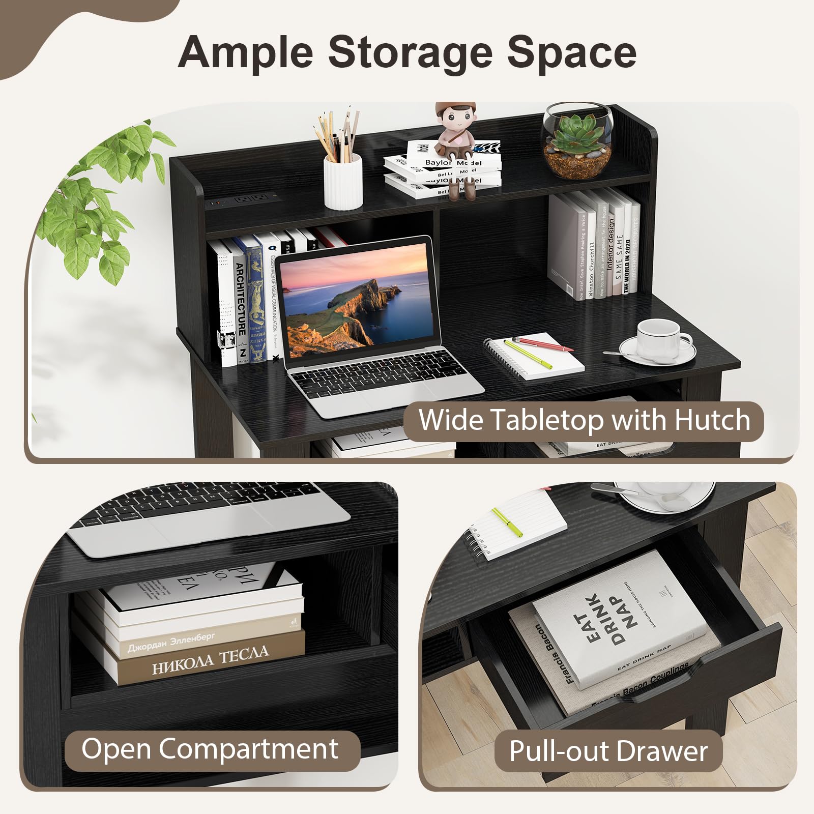 Tangkula Modern Computer Desk with Drawer & Hutch - Home Office Writing Desk with Charging Station & Storage Shelves, Space-Saving Workstation for Study, Work & Makeup Vanity | Perfect for Small Spaces, Home Office & Dorm Rooms