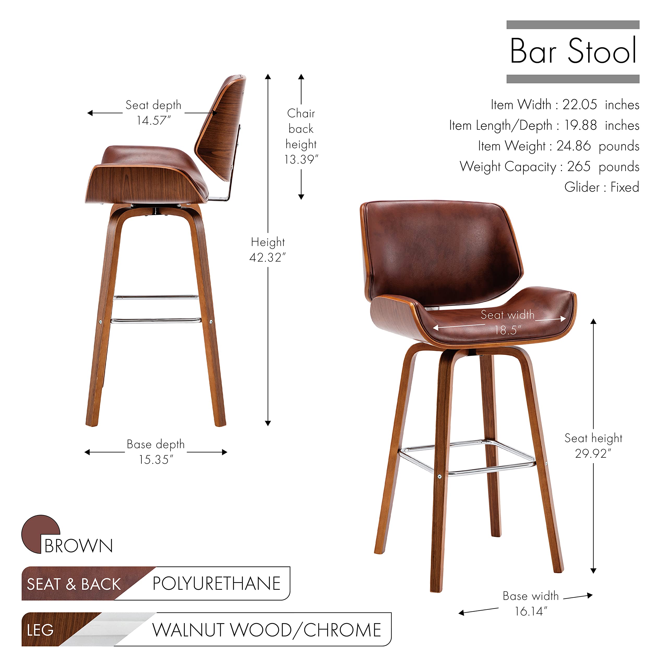 Porthos Home Oma Swivel Bar Stool - PU Leather Upholstered Counter Stool with Walnut Wood Legs & Chrome Footrest, Armless Design for Kitchen Island, Breakfast Bar or Home Pub - Perfect for Entertaining & Casual Dining