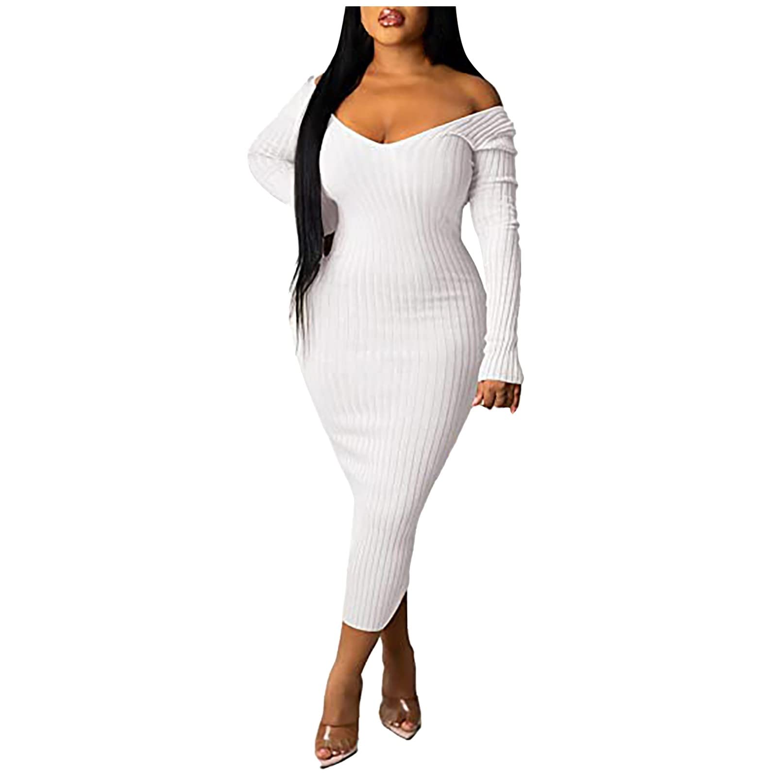 Sexy Off Shoulder Long Sleeve Ribbed Knit Midi Dress for Women - Summer Casual Maxi Dress for Beach, Party & Date Night