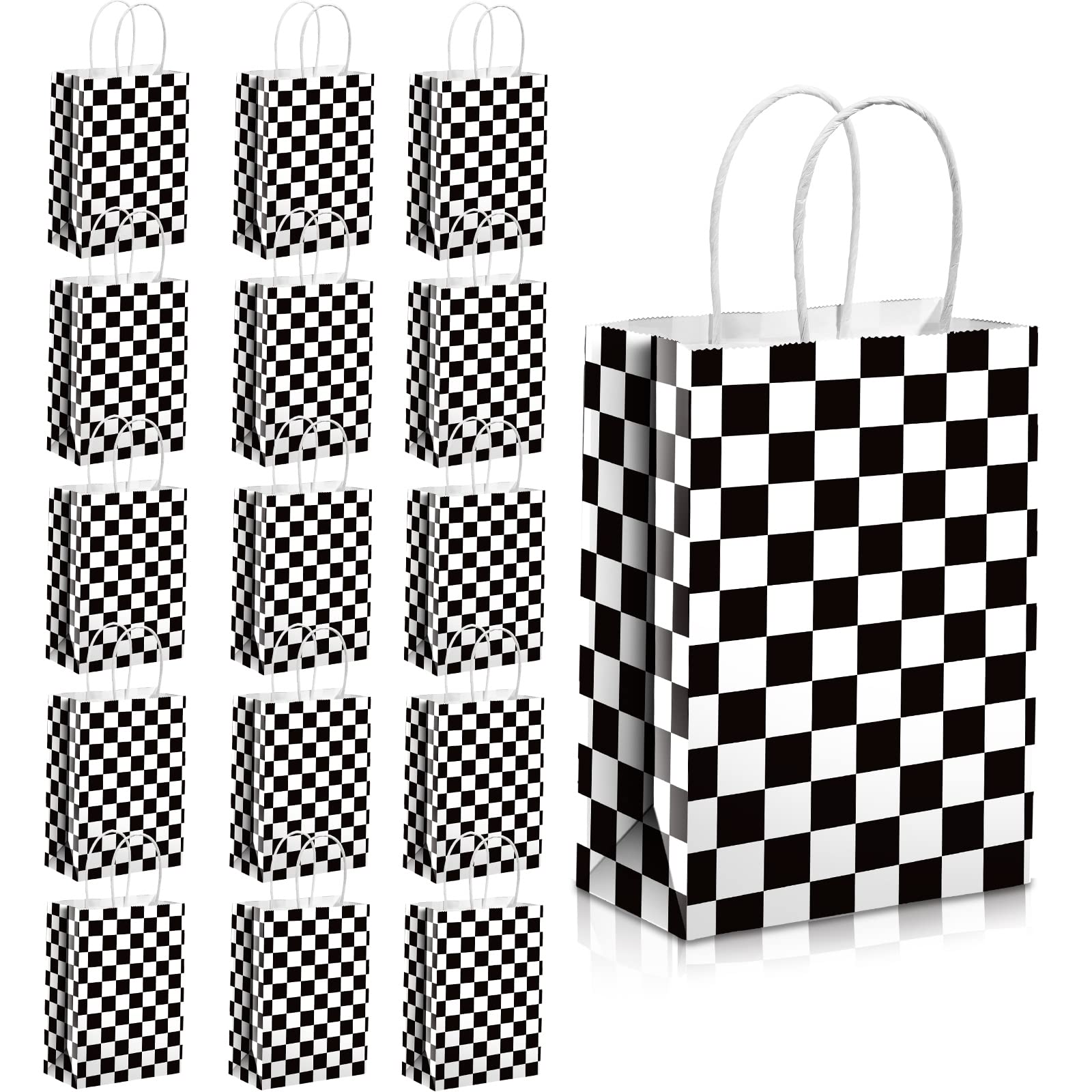 Epakh 16 Pcs Checkered Racing Treat Bags - Black & White Race Car Party Favors with Handles - Themed Birthday Party Supplies - Perfect for Race Car Birthday Parties, Candy Goodie Bags, and Checkered Flag Decorations